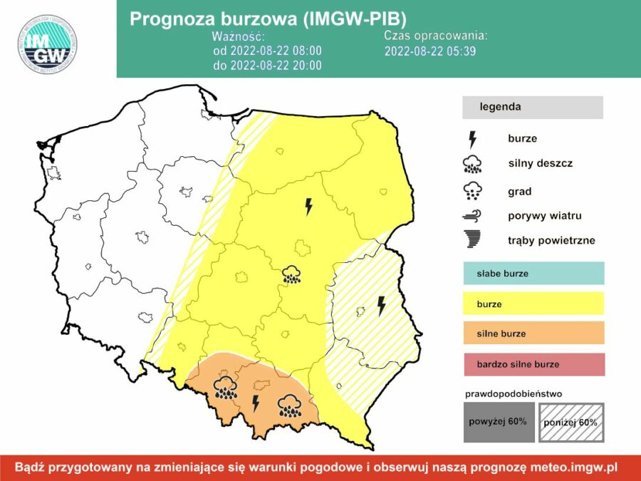 Prognoza burzowa dla Polski IMGW - poniedziałek 22 sierpnia [22.08 22]