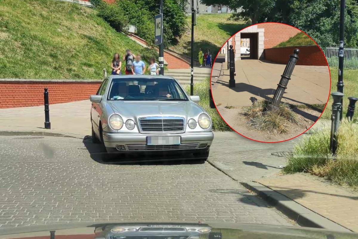 Kobieta kierująca Mercedesem wjechała pod prąd na ul. Podwale i uszkodziła słupek