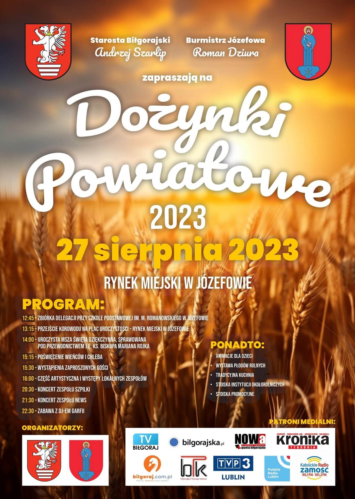 Dożynki powiatu biłgorajskiego w Józefowie 2023 - plakat, program wydarzenia