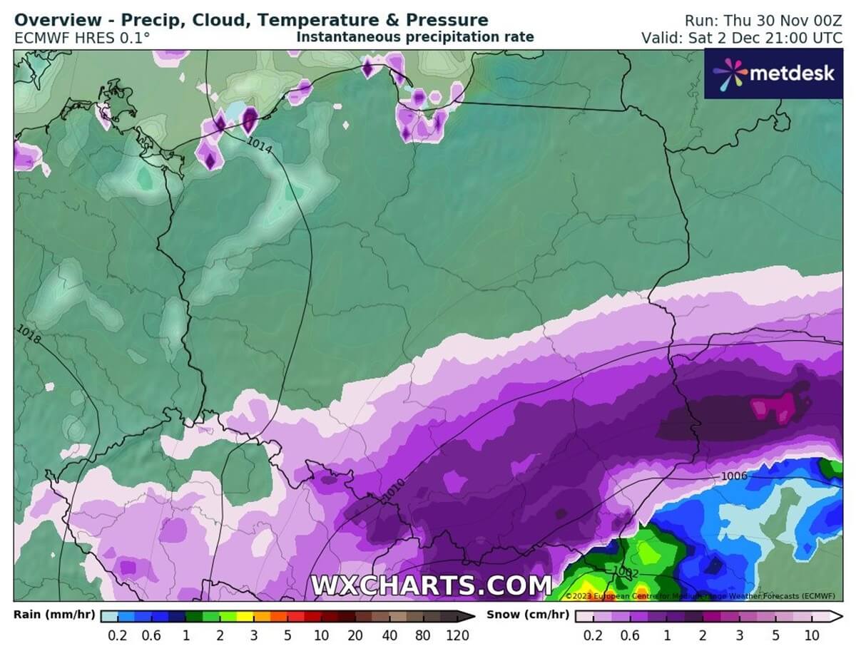 Prognozowany zasięg śnieżycy w Polsce o godzinie 20:00, 2 grudnia 2023