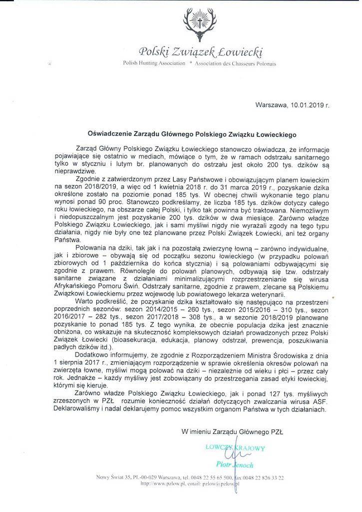 Oświadczenie Zarządu Głównego Polskiego Związku Łowieckiego 1 1