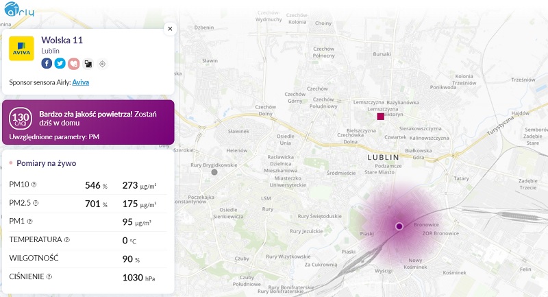 mapa jakości powietrza lublin smog airly