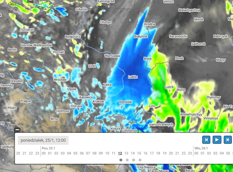 mapa zachmurzenia i opadów na poniedziałek, godz. 12:00 | ICM UW