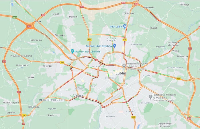 Sytuacja drogowa na ulicach Lublina | Mapy Google