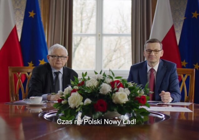 Premier Mateusz Morawiecki i minister Jarosław Kaczyński w spocie promującym program "Polski Nowy Ład"