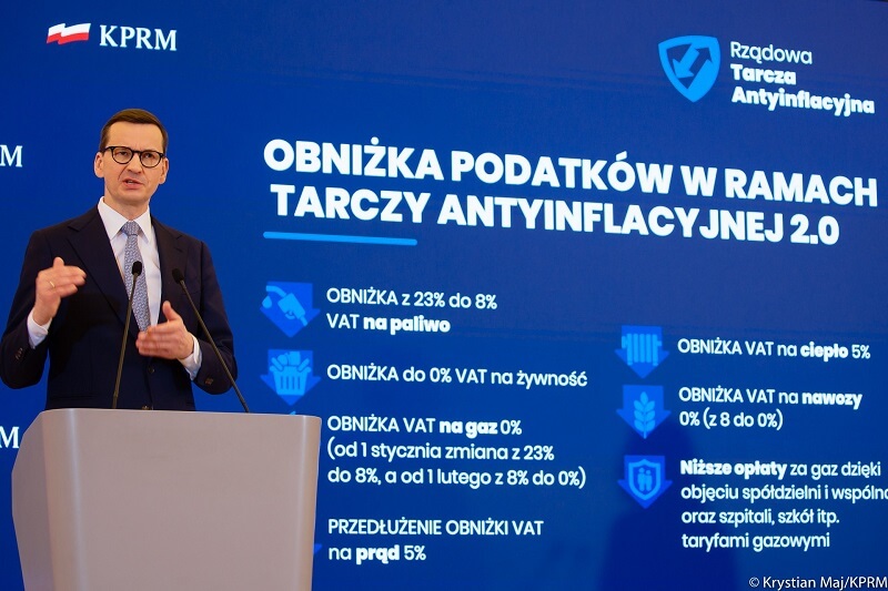 Premier Mateusz Morawiecki na konferencji prasowej poświęconej tarczy antyinflacyjnej 2.0