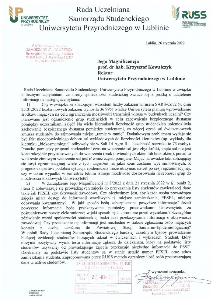 Pismo studentów do Rektora Uniwersytetu Przyrodniczego w Lublinie