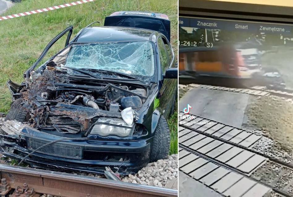 BWM uderzyło w jadący pociąg. Kierowca wraz z pasażerką porzucili auto i uciekli pieszo. Areszt dla 30-latka