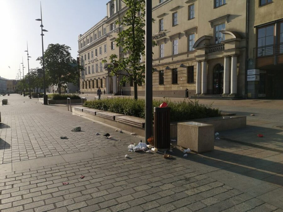 Kruk grzebiący w porozrzucanych śmieciach na placu Litewskim