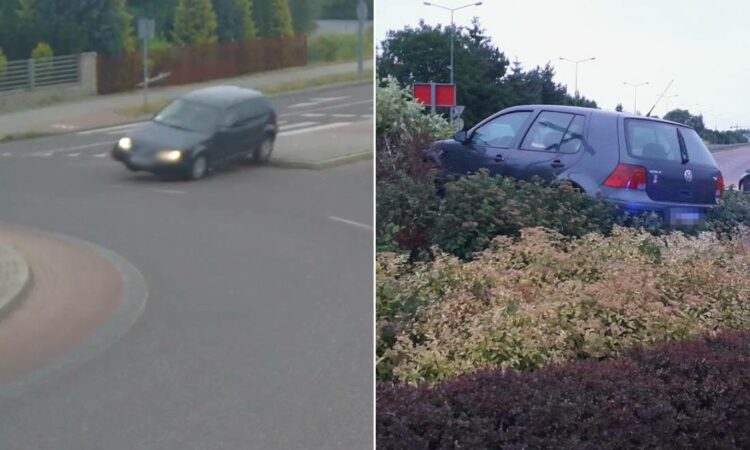 Kierowca volkswagena zatrzymał się na środku wyspy ronda