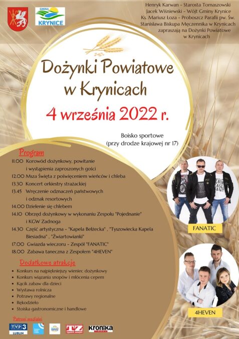 Dożynki Powiatu Tomaszowskiego w Krynicach 2022 - program