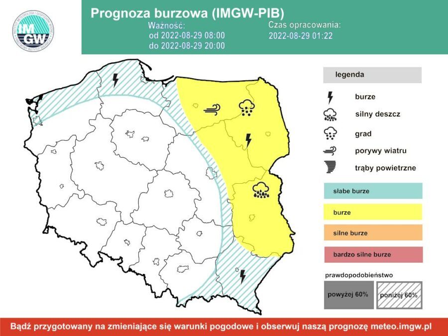 Prognoza burzowa dla Polski IMGW - poniedziałek 29 sierpnia [29.08 22]
