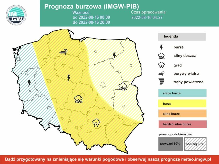 Prognoza burzowa dla Polski IMGW - wtorek 16 sierpnia [16.08 22]