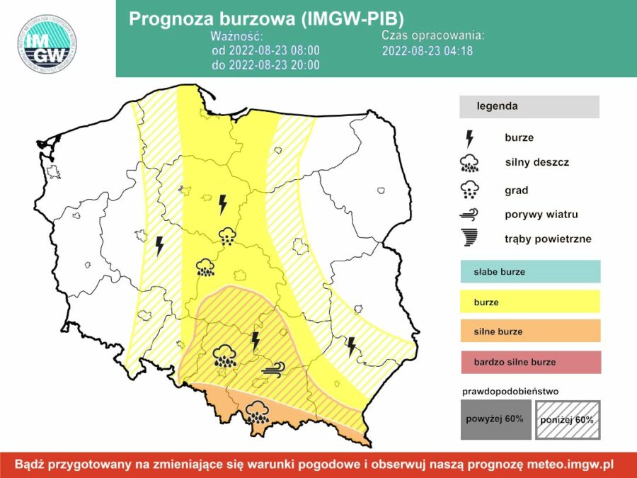 Prognoza burzowa dla Polski IMGW - wtorek 23 sierpnia [23.08 22]