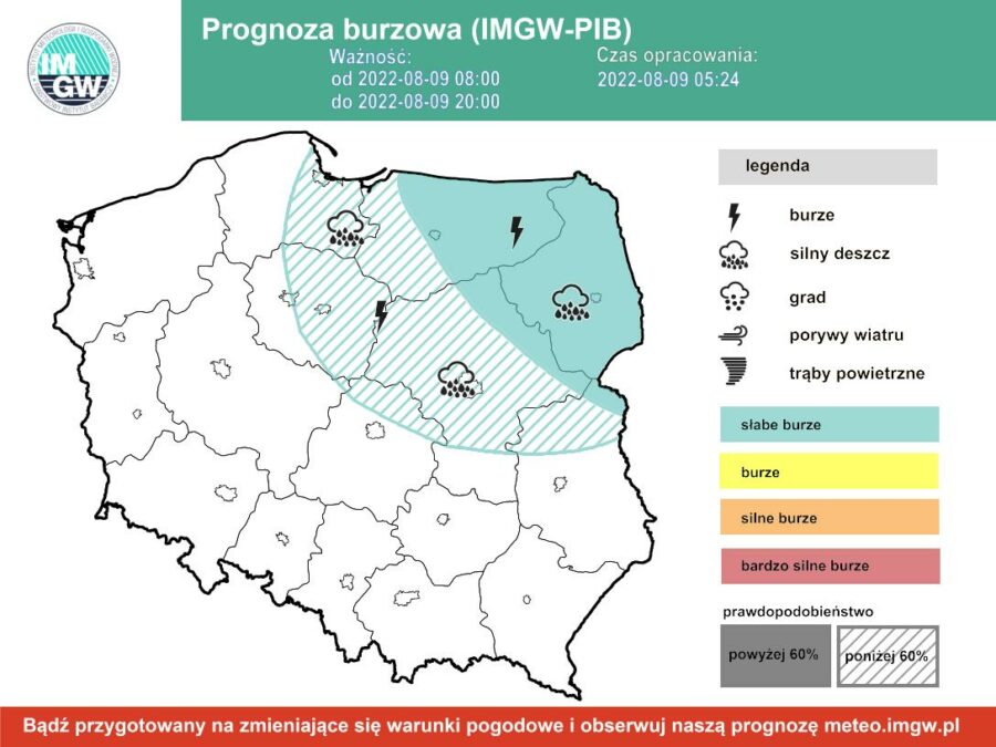 Prognoza burzowa dla Polski IMGW - wtorek 9 sierpnia [9.08 22]