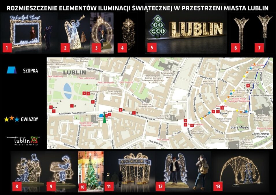 Rozmieszczenie elementów iluminacji świątecznej w przestrzeni miasta Lublin 2022