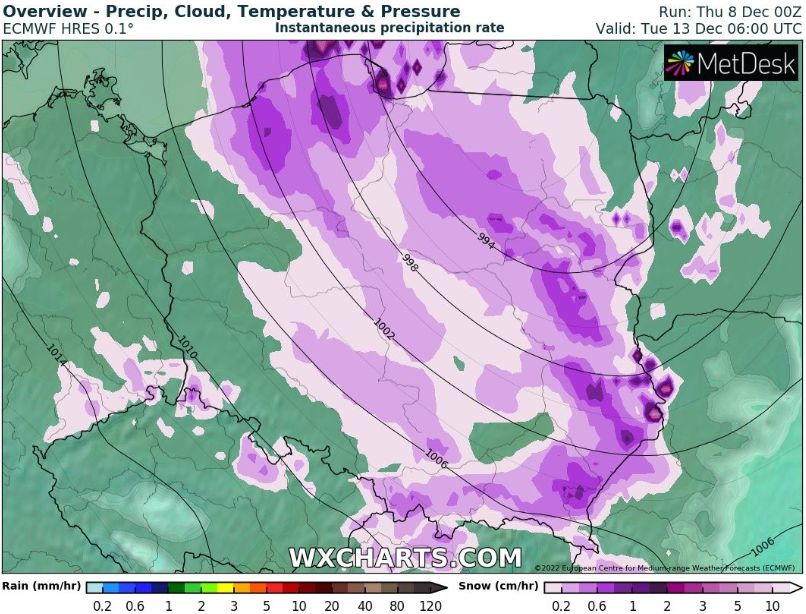 Prognozowany zasięg śnieżycy w Polsce – 13 grudnia 2022, godzina 5:00