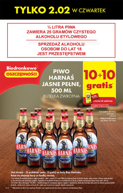 Biedronka piwo Harnaś 10+10 gratis w czwartek 2.02