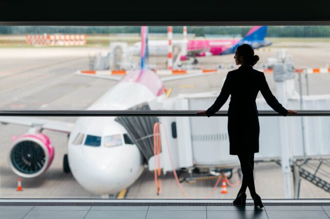 Stewardessa na tle samolotu Wizz Air