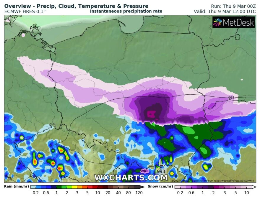 Śnieżyca w Polsce 9 marca, godzina 13:00 - prognoza pogody