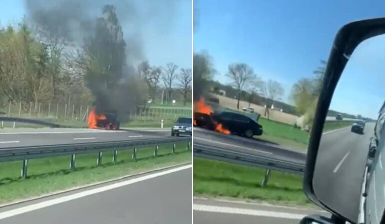 Pożar BMW na drodze ekspresowej S19 w Obrokach