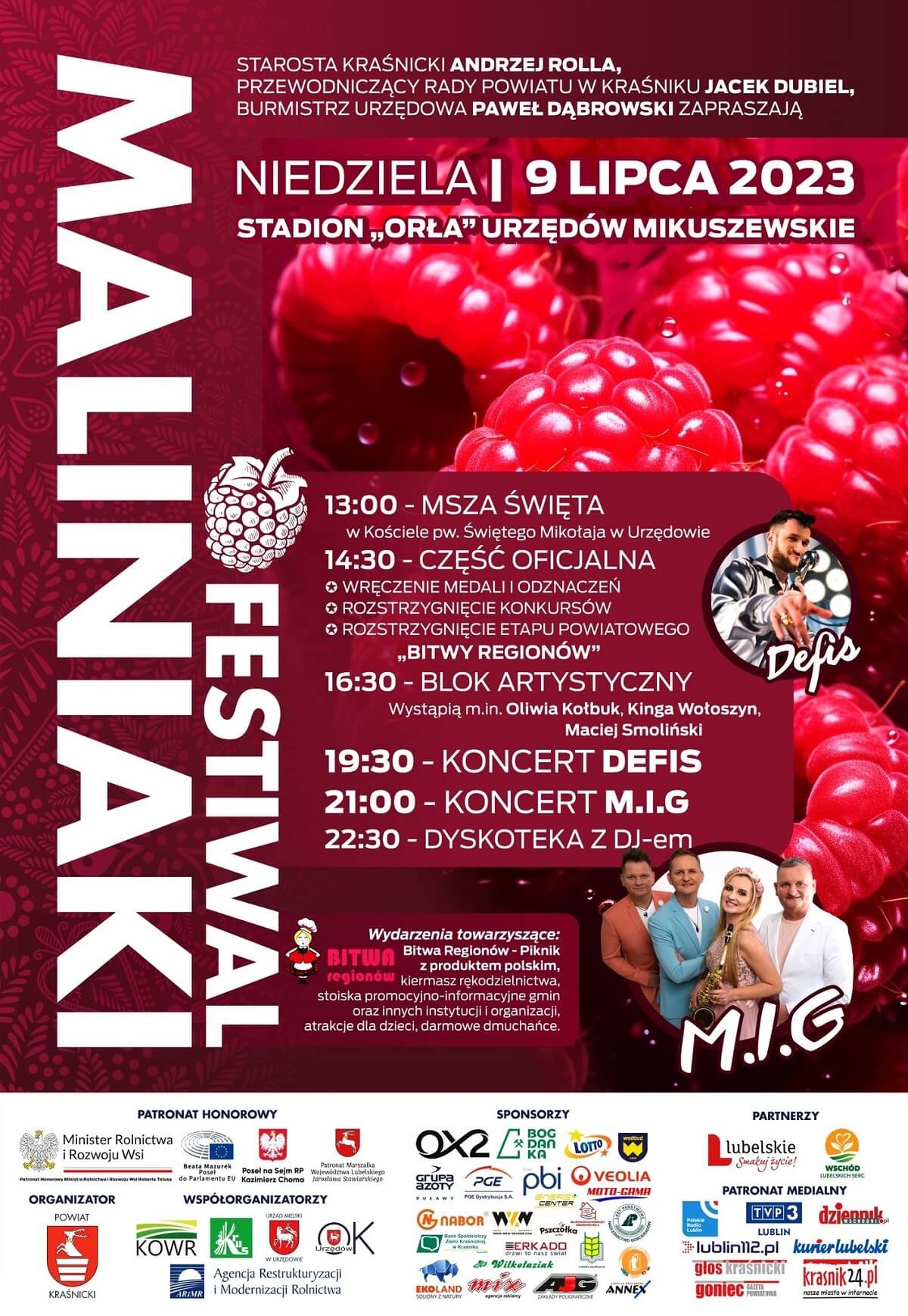 Maliniaki w Urzędowie 2023 - program wydarzenia, plakat