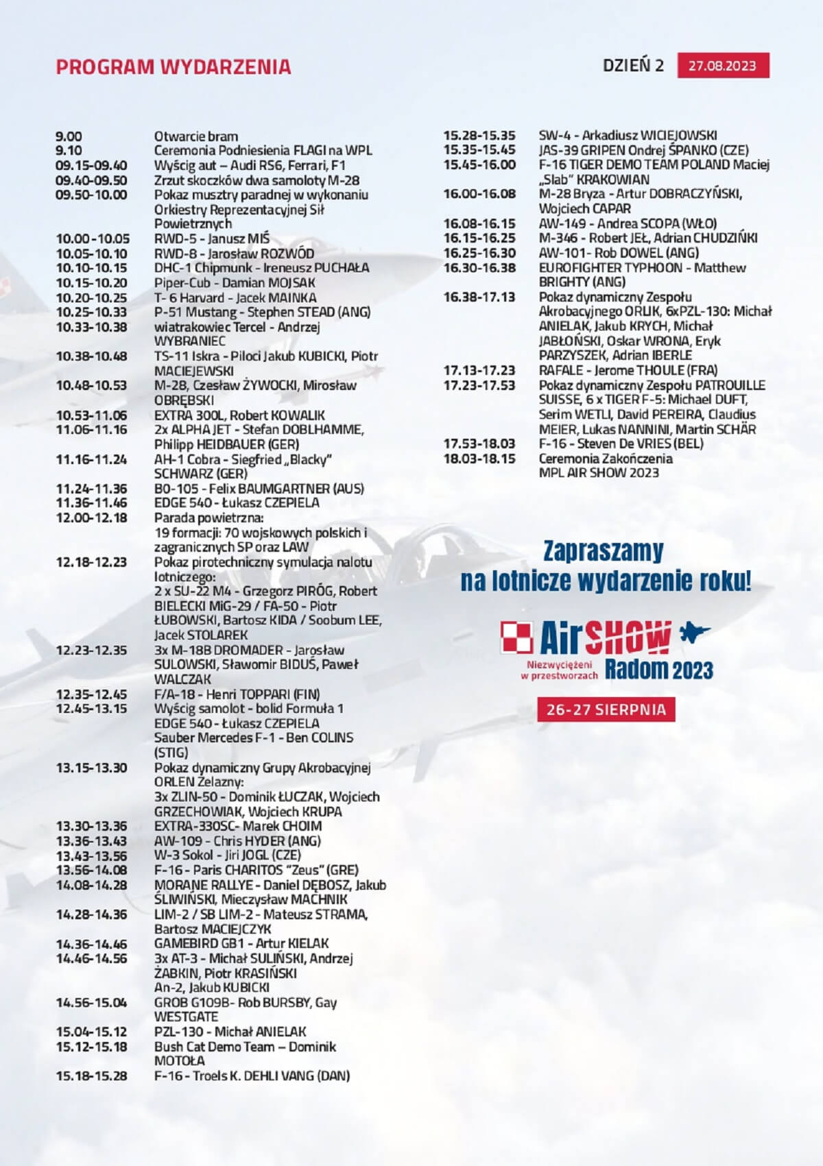 Air Show Radom 2023 - program niedziela, 27 sierpnia