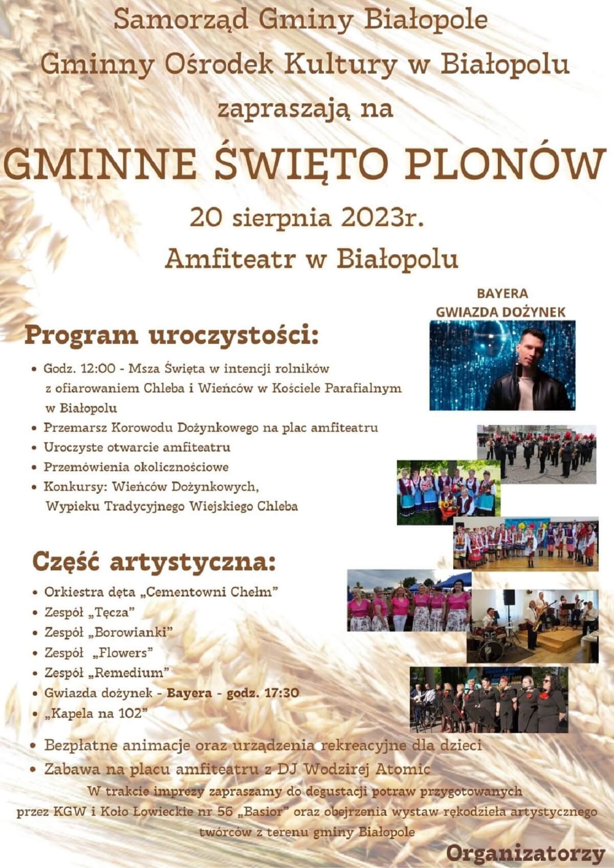 Dożynki w Białopolu 2023. Gwiazdą imprezy zespół Bayera 1 Dożynki w Białopolu 2023 - plakat, program wydarzenia