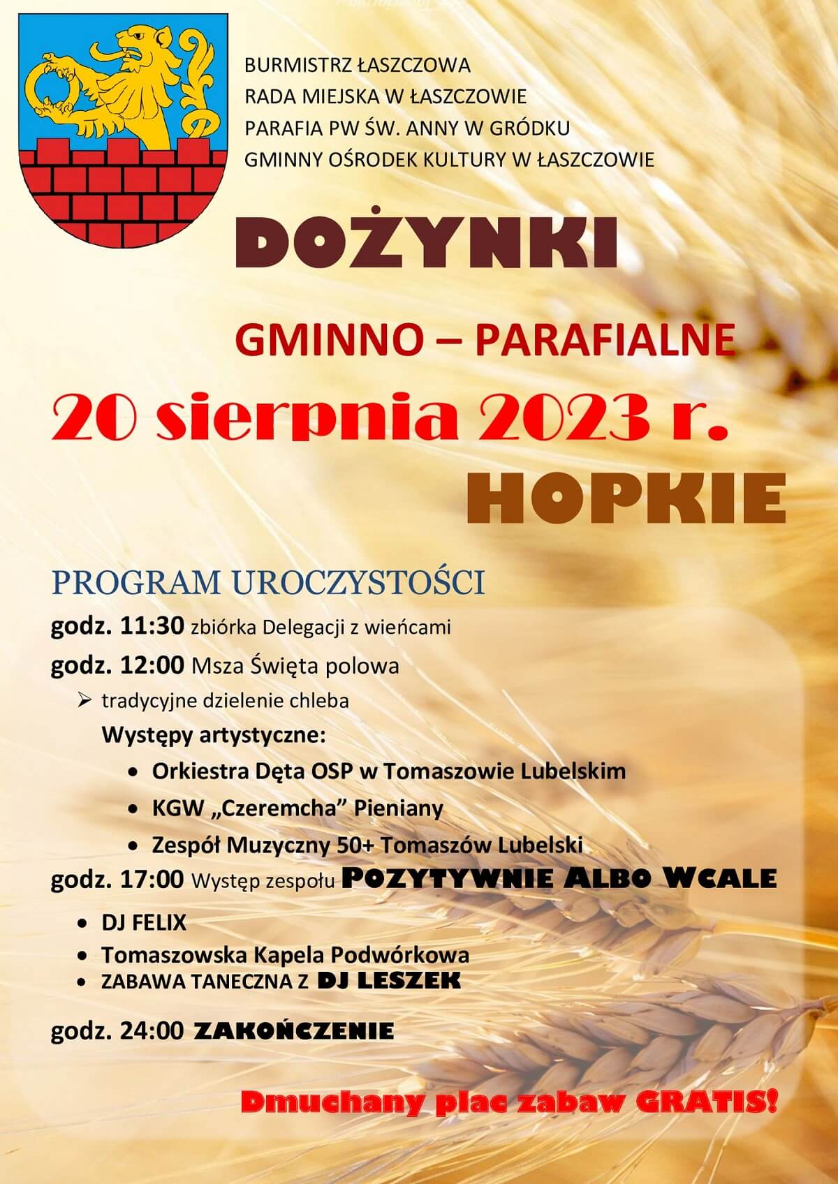 Dożynki w Hopkiem 2023 - plakat, program wydarzenia