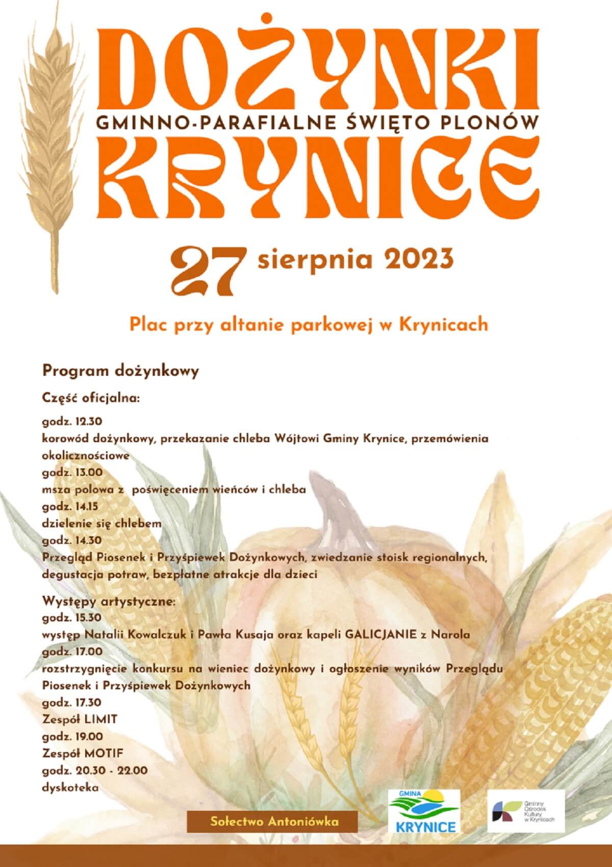 Dożynki w Krynicach 2023 - plakat, program wydarzenia