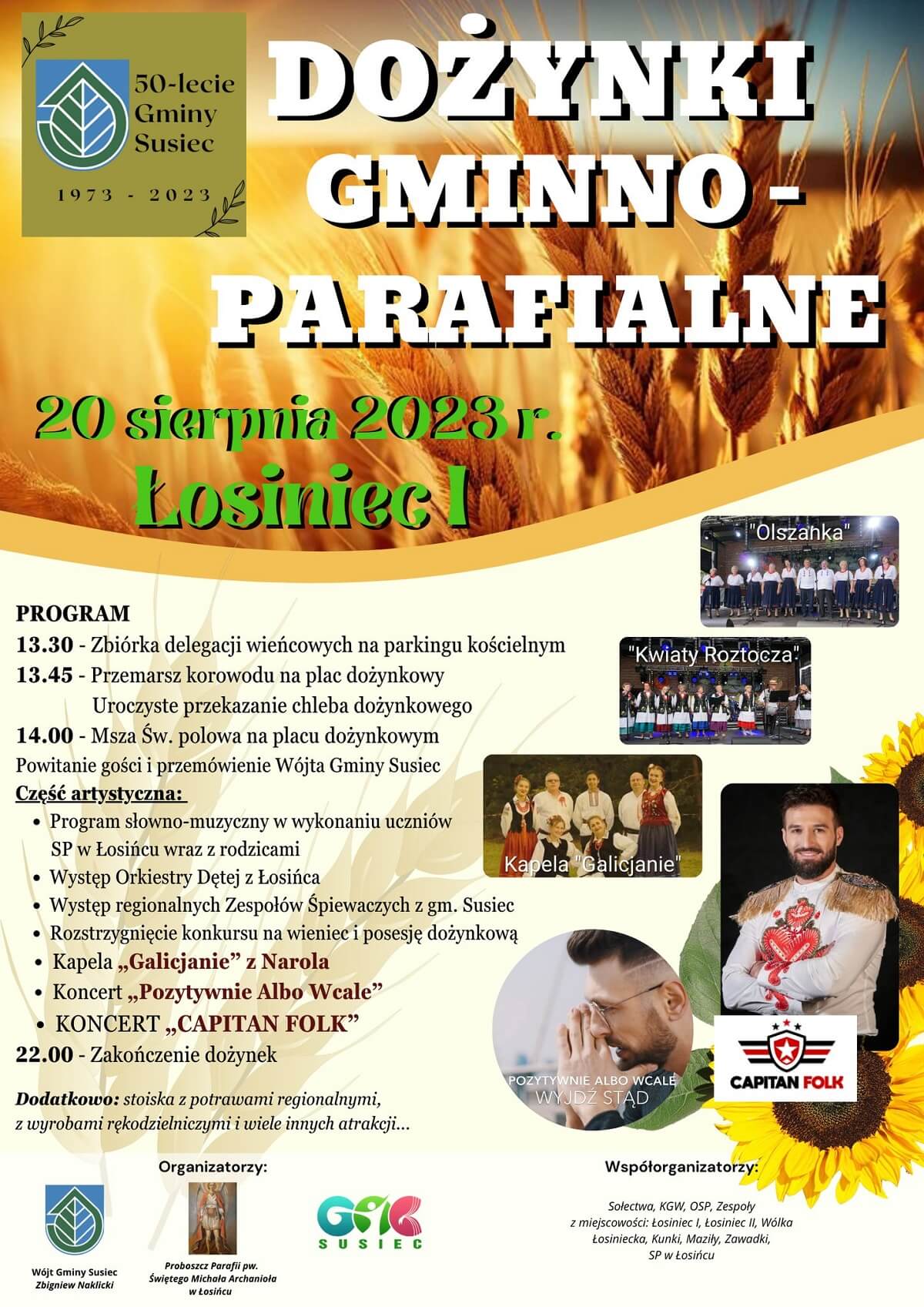 Dożynki w Łosińcu 2023. Wystąpią: Capital Folk, Pozytywnie Albo Wcale 1 Dożynki w Łosińcu 2023 - plakat, program wydarzenia