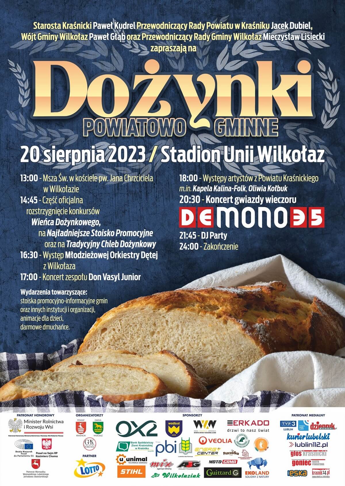 Dożynki Powiatu Kraśnickiego w Wilkołazie 2023 - plakat, program wydarzenia