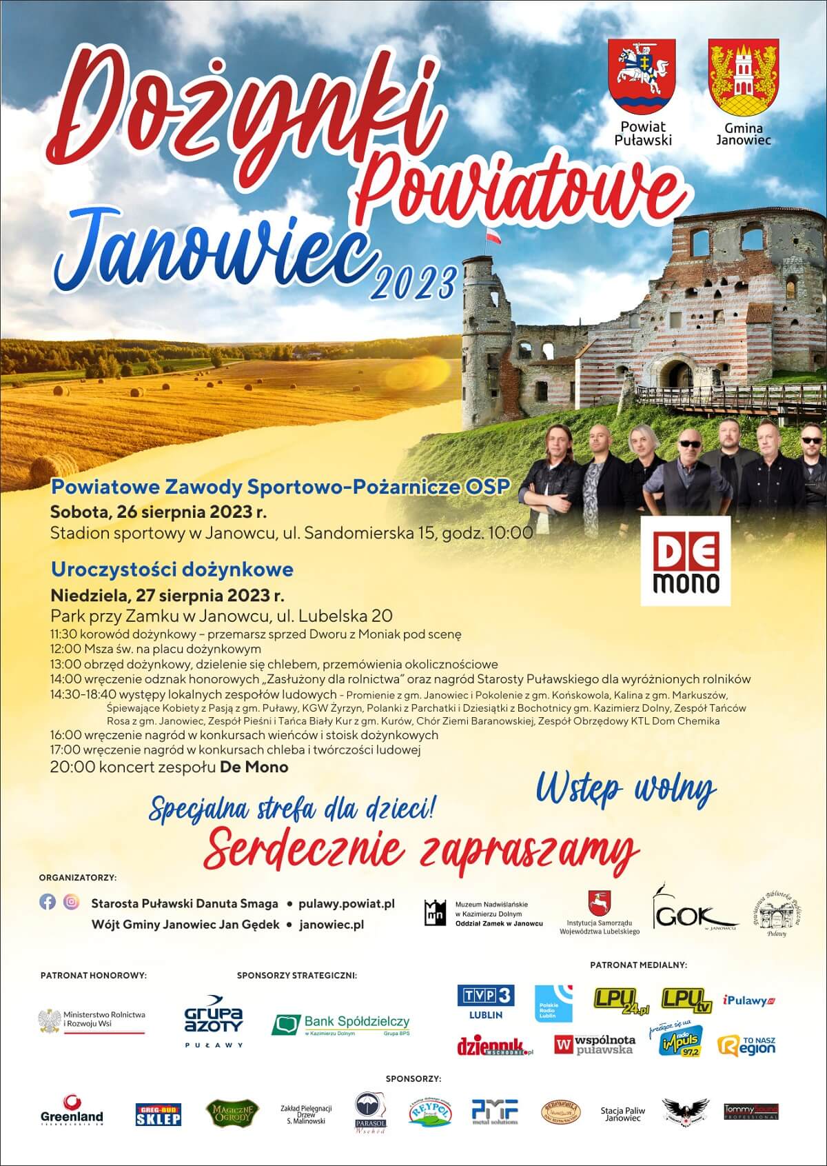 Dożynki powiatu puławskiego w Janowcu 2023 - plakat, program wydarzenia