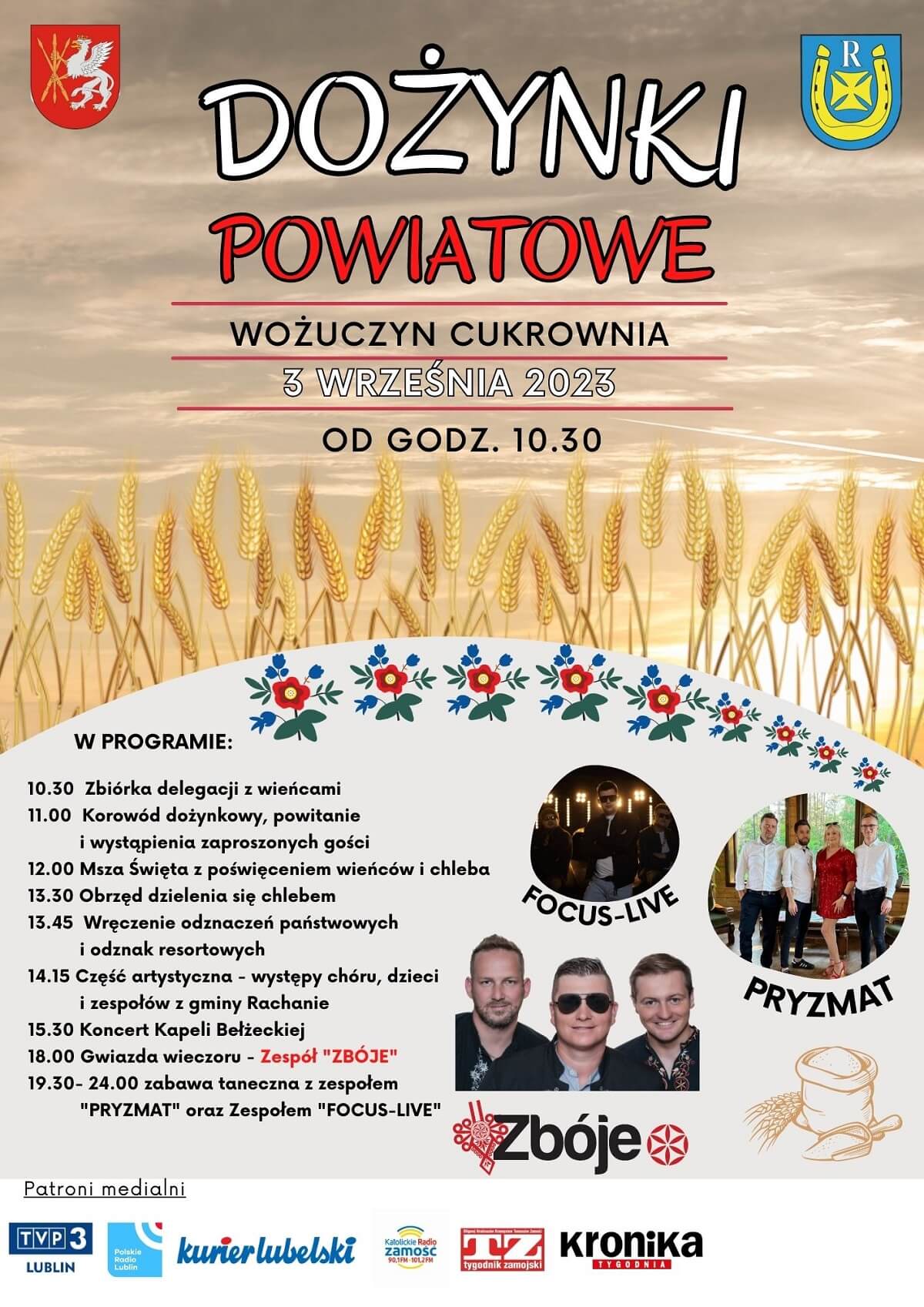 Dożynki powiatu tomaszowskiego w Wożuczynie-Cukrowni 2023 - plakat, program wydarzenia