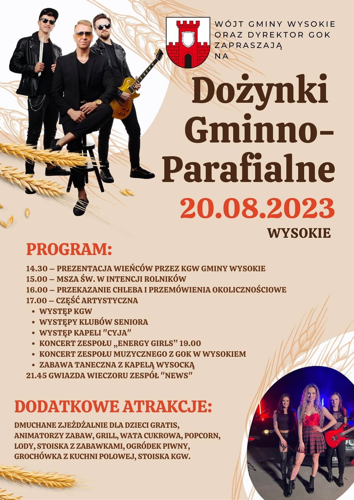 Dożynki w Wysokiem 2023. Gwiazdą imprezy zespół News 1 Dożynki w Wysokiem 2023 - plakat, program wydarzenia