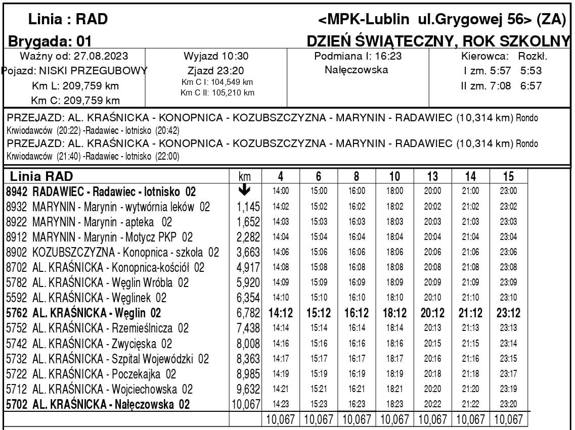 Rozkład linii RAD Radawiec - Lublin 2023