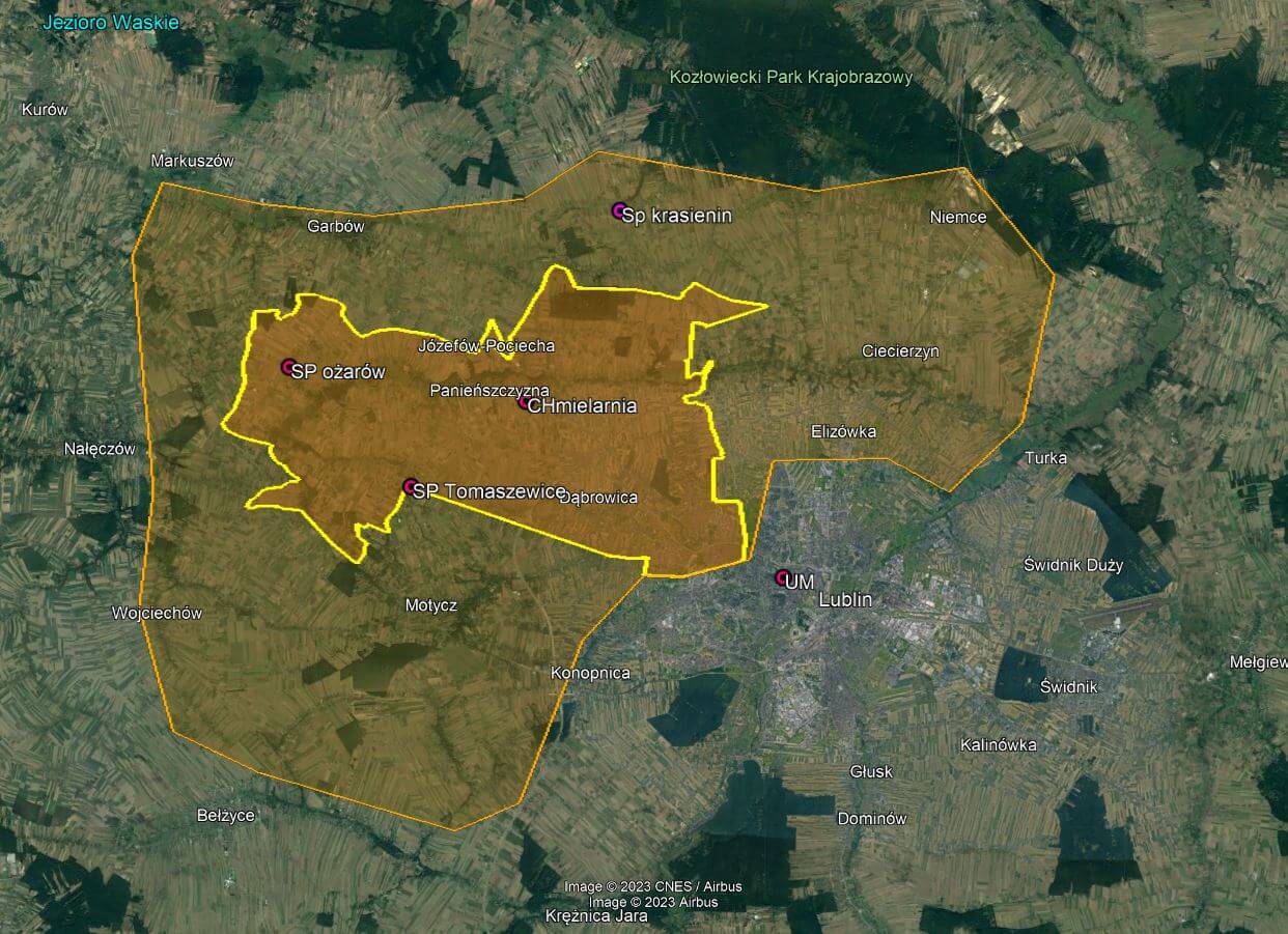 Mapka z zaznaczonym obszarem Lublina i Gminy Jastków objętym oblotami - obszar podstawowy i rozszerzony