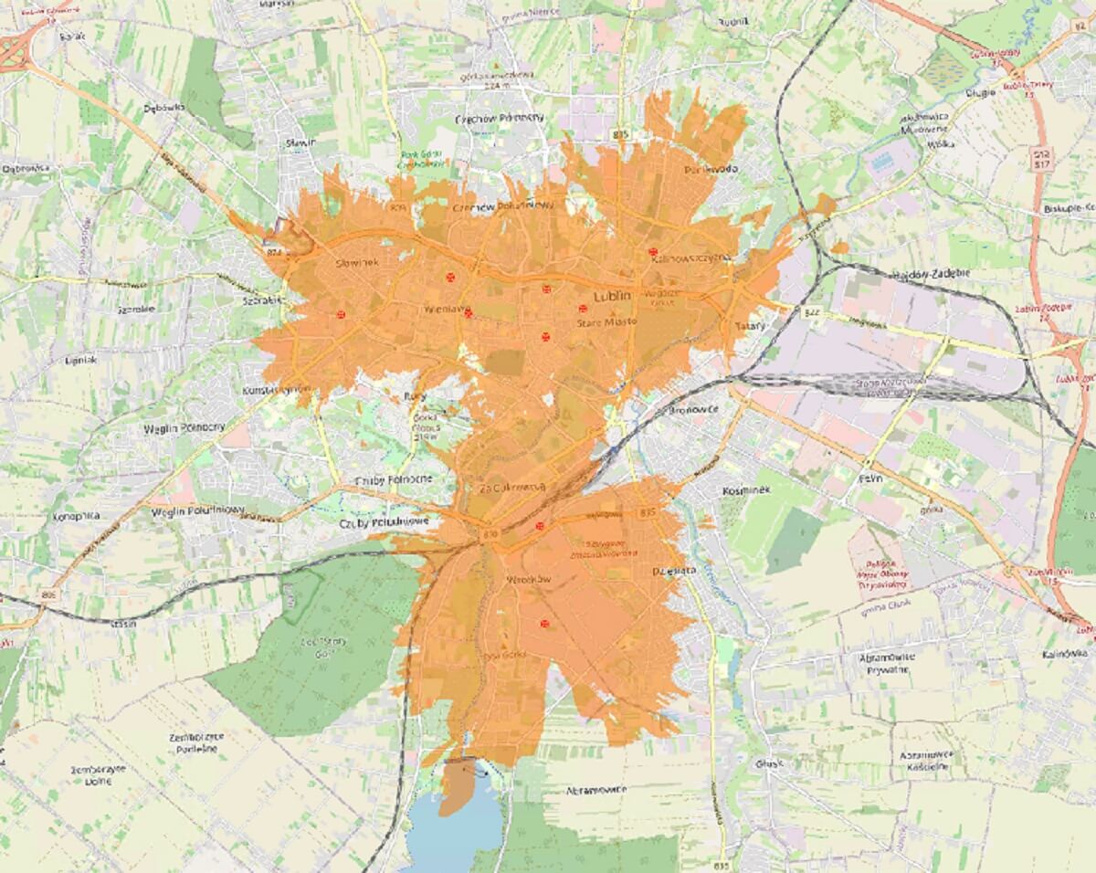 Mapa zasięgu Orange 5G w Lublinie na paśmie 3,4-3,8 GHz