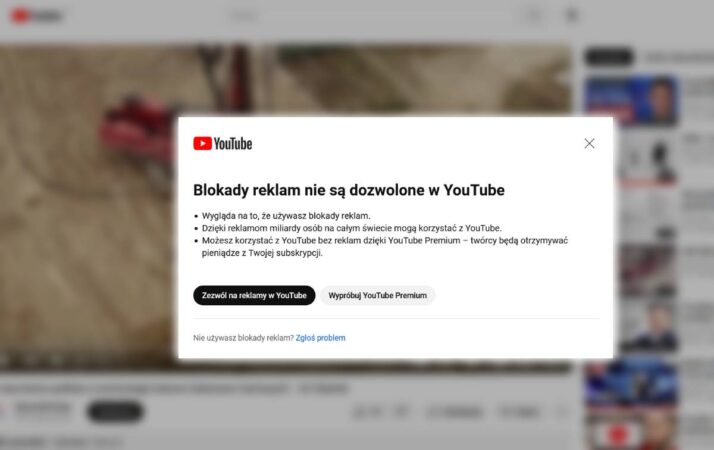 Blokady reklam nie są dozwolone na YouTube