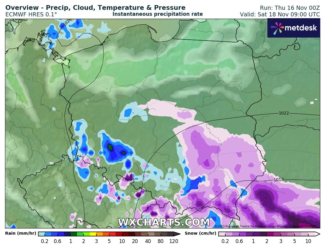 Prognozowane opady śniegu w Polsce w sobotę 18 listopada, godz. 10:00