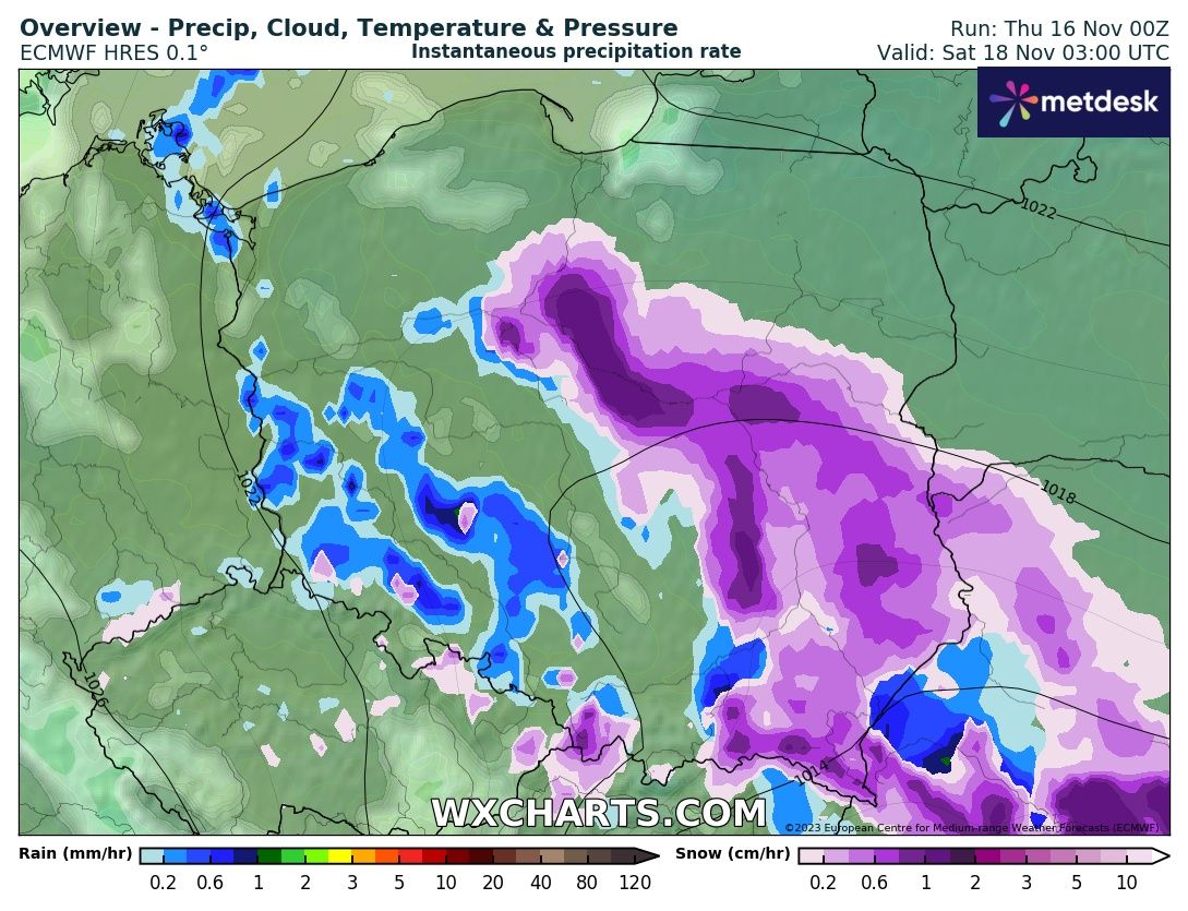 Prognozowane opady śniegu w Polsce w sobotę 18 listopada, godz. 4:00