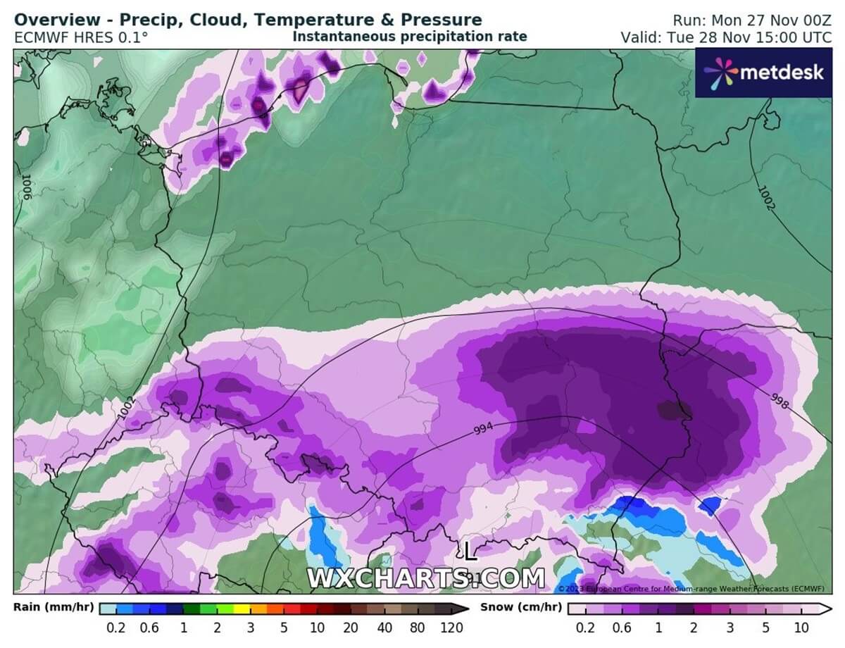 Prognozowany zasięg śnieżycy w Polsce - 28 listopada 2023, godz. 14:00