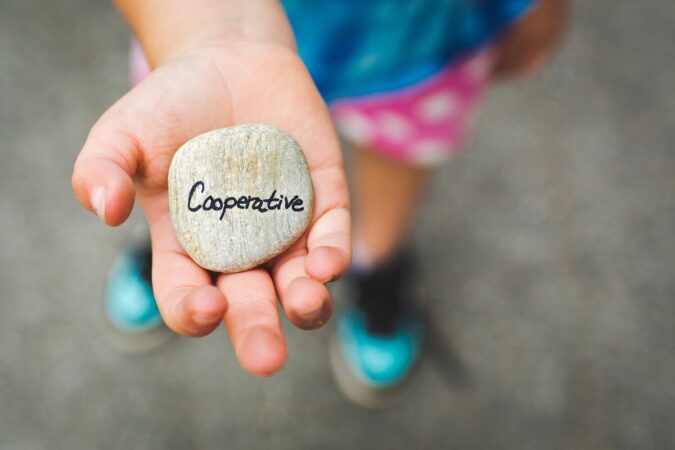 Kamień z napisem Cooperative na dłoni