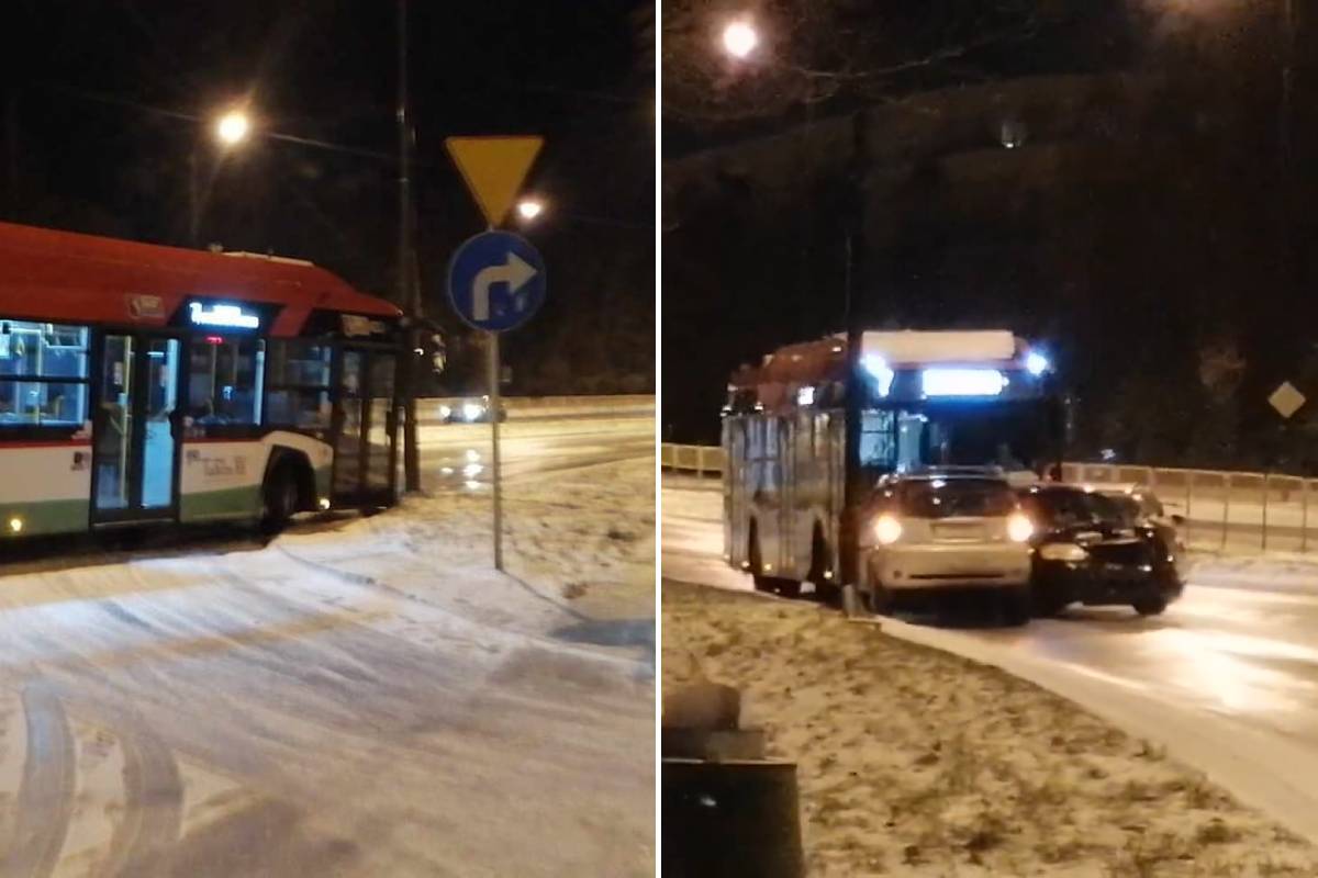 Autobus najpierw zatrzymał się na latarni, a potem staranował dwa auta