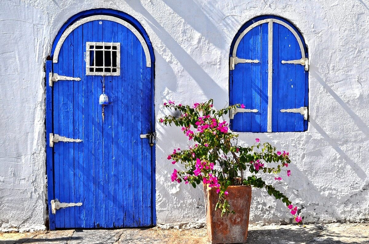 drzwni i okno w kolorze niebieskim w domu, kwiat w doniczce