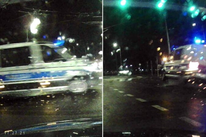 Moment zderzenia radiowozu z fordem na skrzyżowaniu ulic Lubelskiego Lipca '80 i Stadionowej w Lublinie