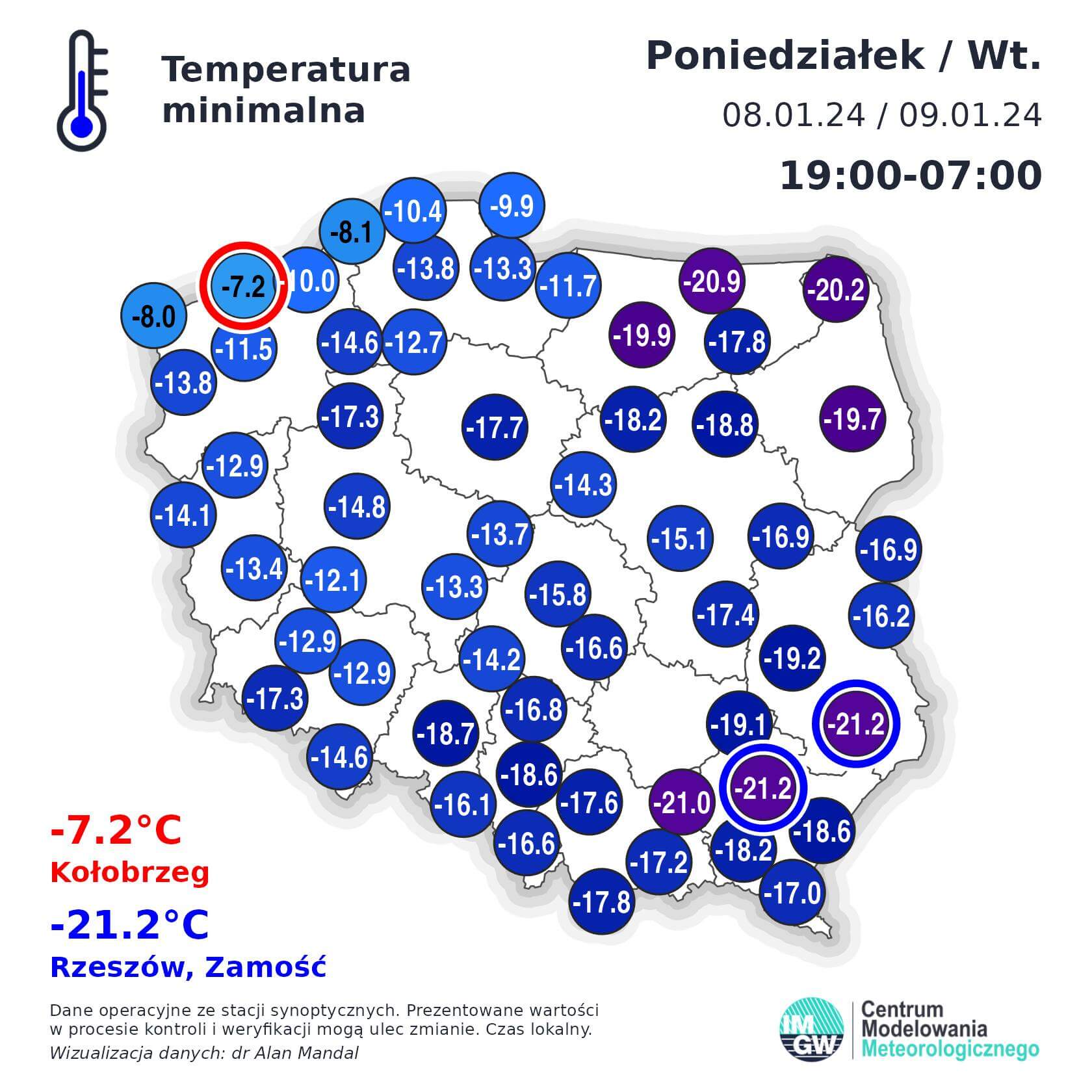 Temperatura minimalna w nocy z poniedziałku na wtorek 8-9 stycznia 2024 r. w Polsce
