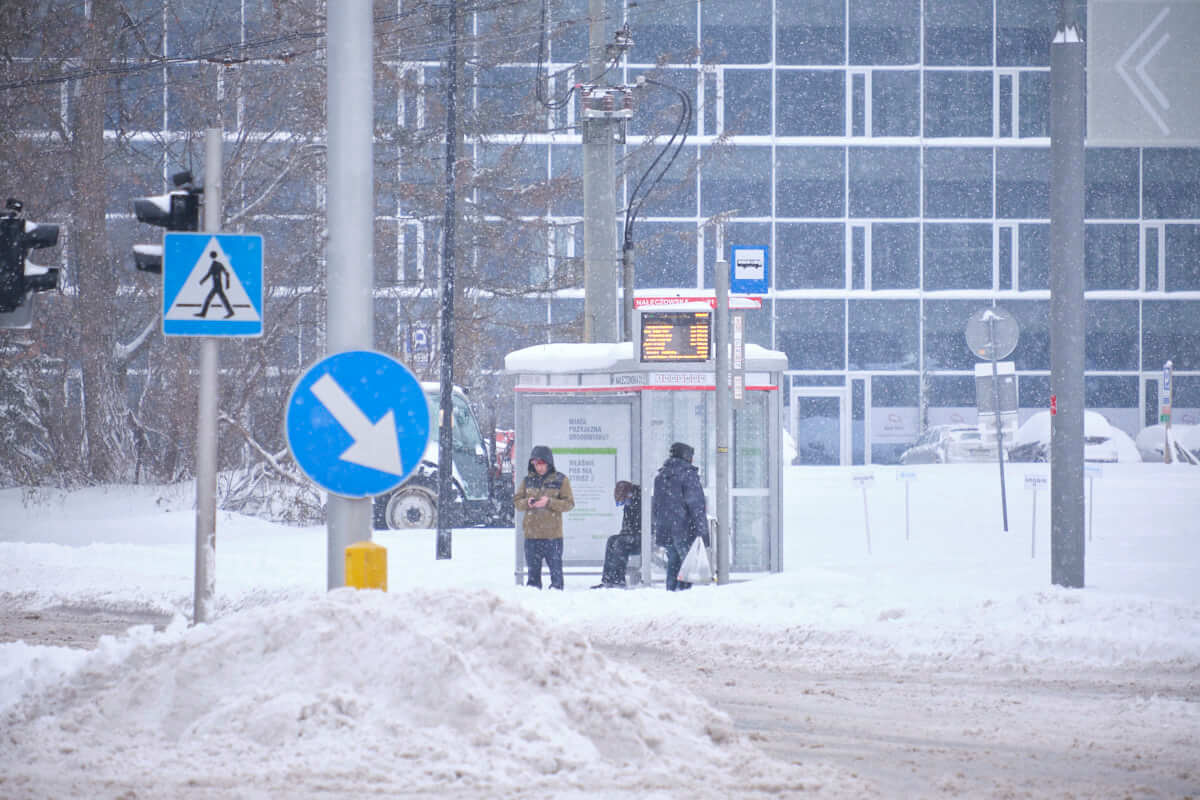 Ludzie na przystanku w czasie opadów śniegu