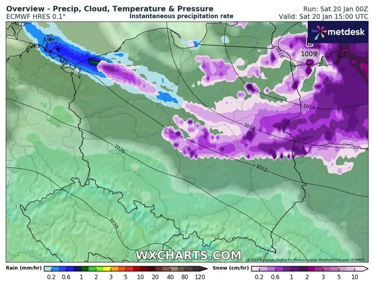 prognozowany zasięg opadów śniegu w Polsce - 20 stycznia 2024 godz. 16:00