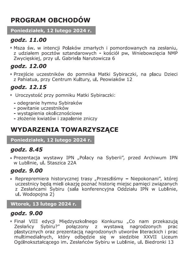 Zbliżają się obchody 84. rocznicy masowych deportacji Polaków na Sybir. Lublin upamiętni ten czas 2 Plakat uroczystości 84 rocznicy deportacji Polaków
